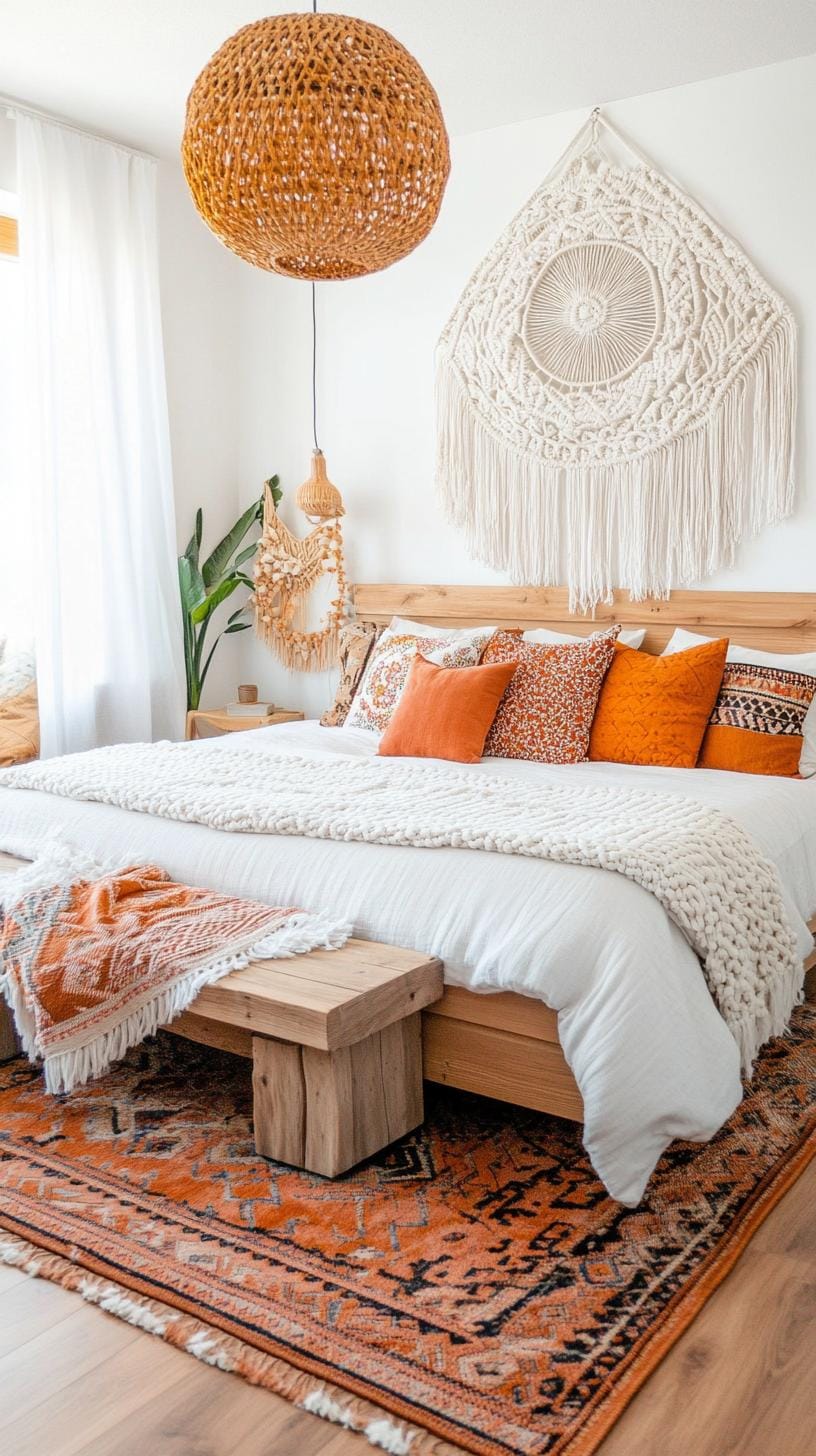 1. Layered Textures: Combine macramé wall hangings with woven rugs and a mix of patterned pillows for a cozy boho vibe-0