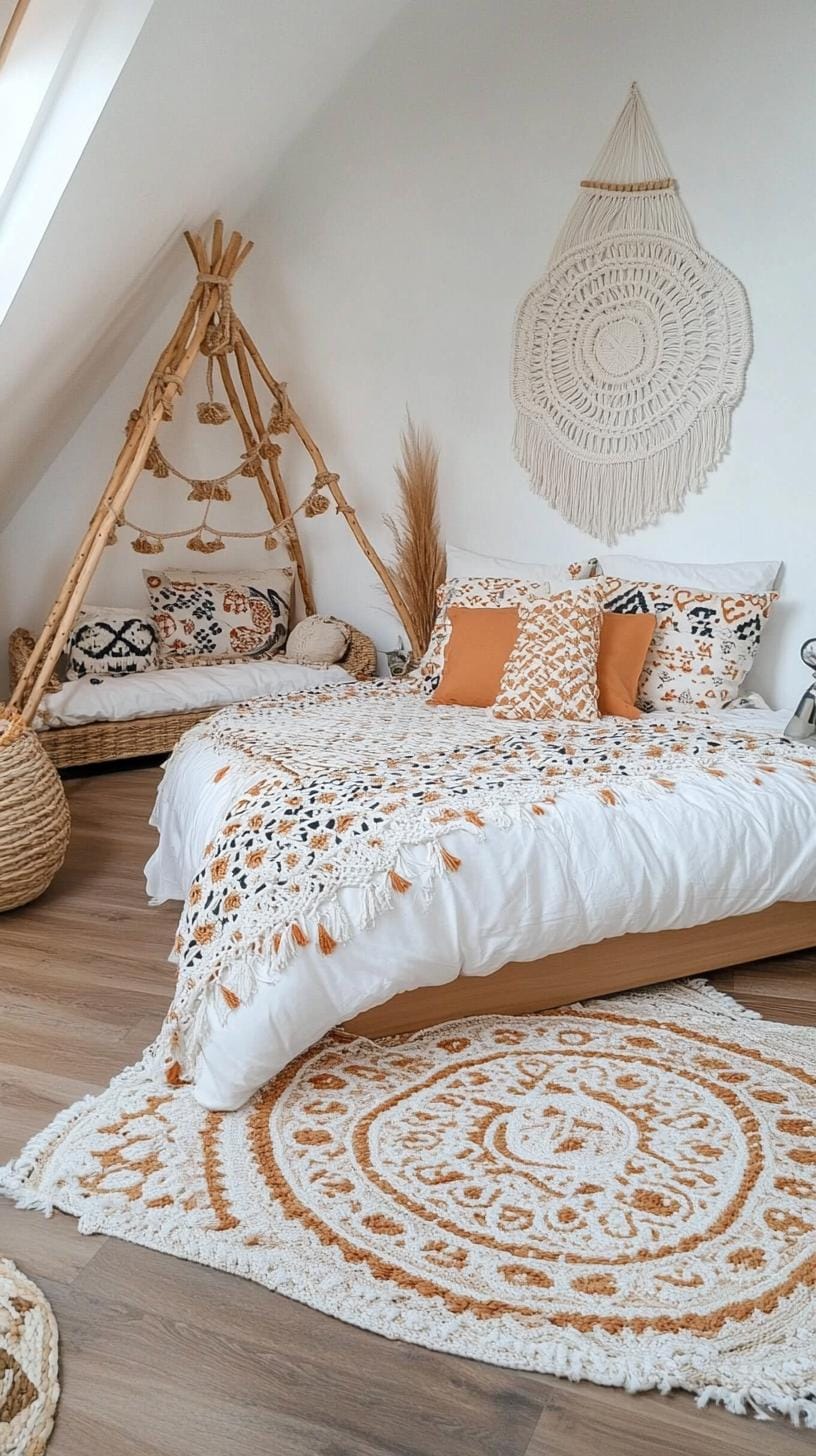 1. Layered Textures: Combine macramé wall hangings with woven rugs and a mix of patterned pillows for a cozy boho vibe-1