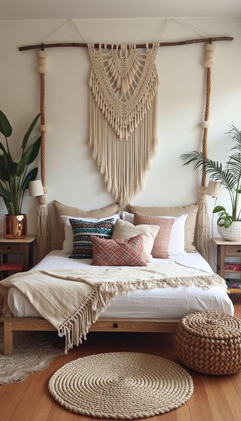 1. Layered Textures: Combine macramé wall hangings with woven rugs and a mix of patterned pillows for a cozy boho vibe-2