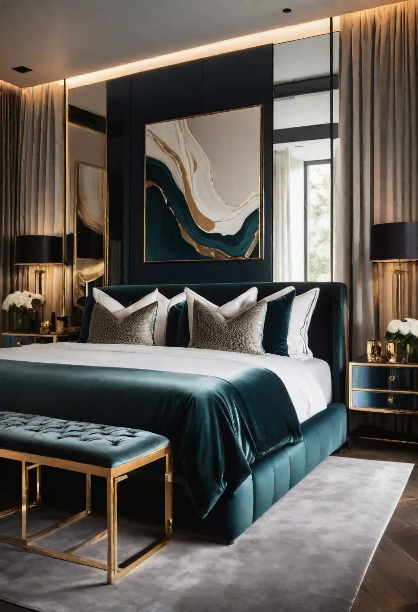 5. Luxe modern featuring plush fabrics, bold art pieces, and mirrored surfaces-1