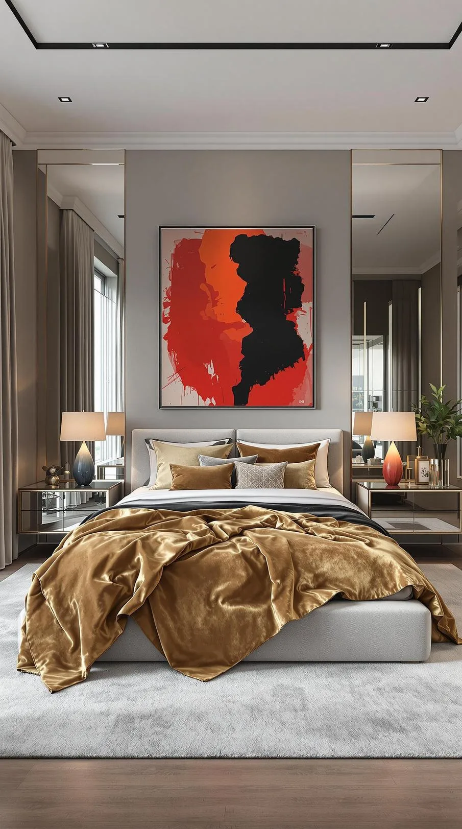 5. Luxe modern featuring plush fabrics, bold art pieces, and mirrored surfaces-3