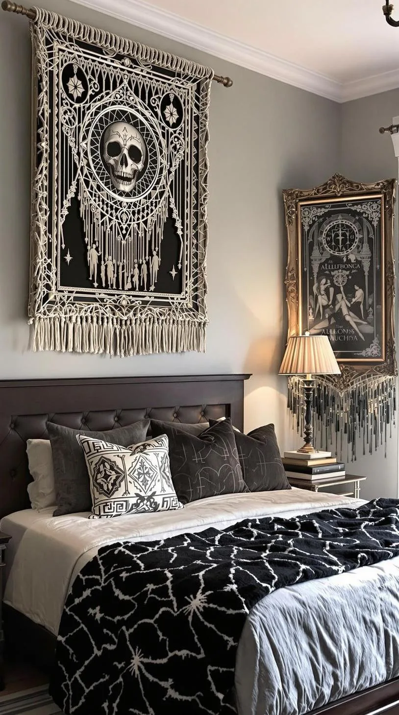 12. Macramé wall hangings interspersed with ornate gothic picture frames, featuring art by Alphonse Mucha-0