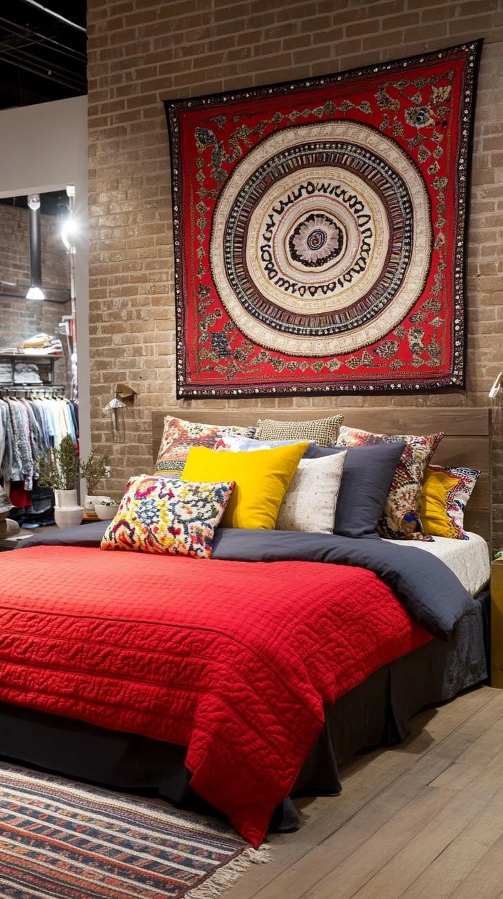 21 Colorful Boho Bedroom Ideas for a Whimsical Hippie Vibe 45 16. Magical Tapestry Territory: Hang colorful, intricate tapestries in rich reds and navy blues around the room-0