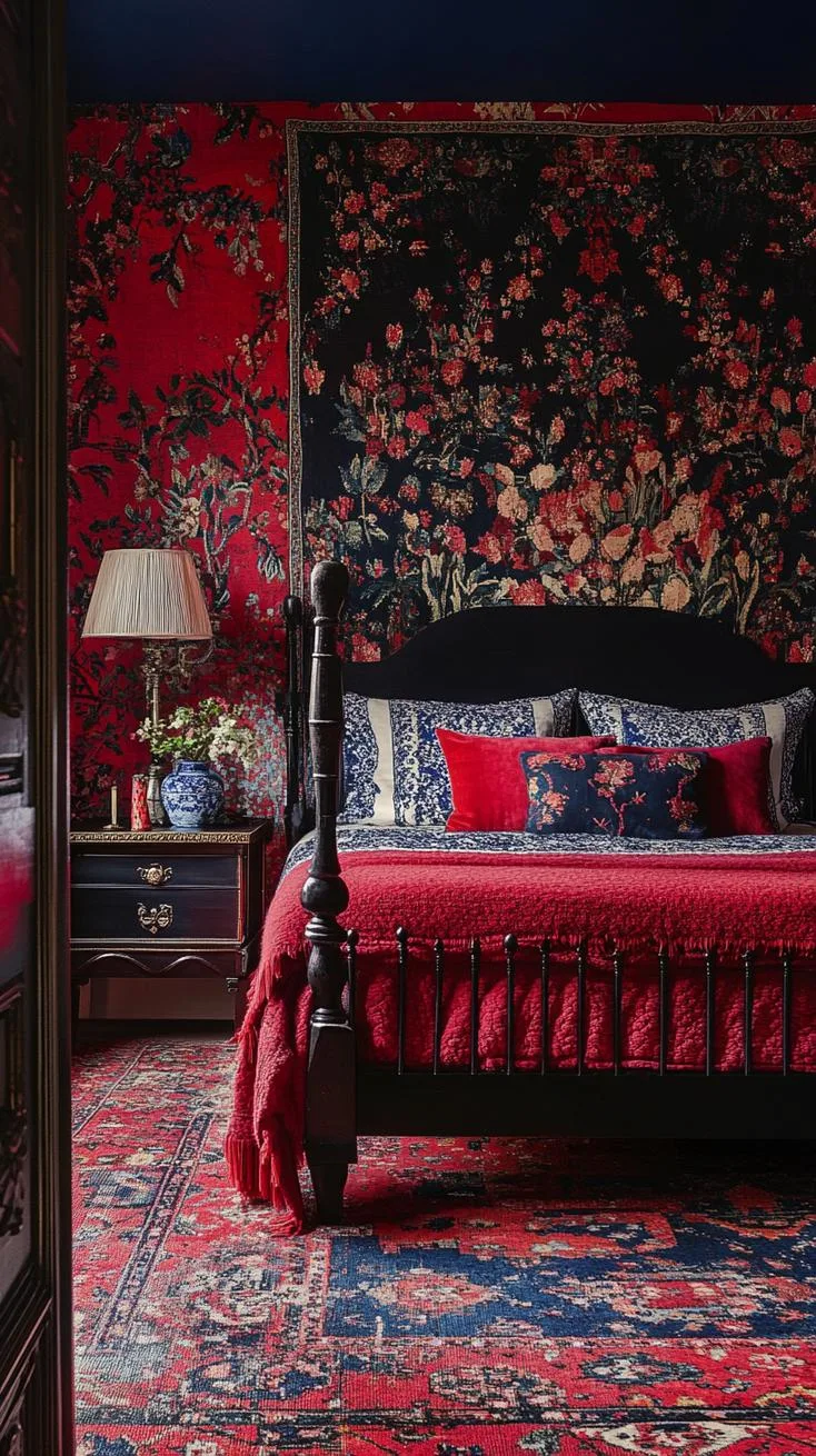 21 Colorful Boho Bedroom Ideas for a Whimsical Hippie Vibe 46 16. Magical Tapestry Territory: Hang colorful, intricate tapestries in rich reds and navy blues around the room-1