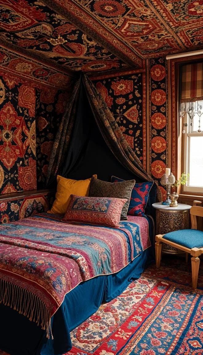 21 Colorful Boho Bedroom Ideas for a Whimsical Hippie Vibe 47 16. Magical Tapestry Territory: Hang colorful, intricate tapestries in rich reds and navy blues around the room-2