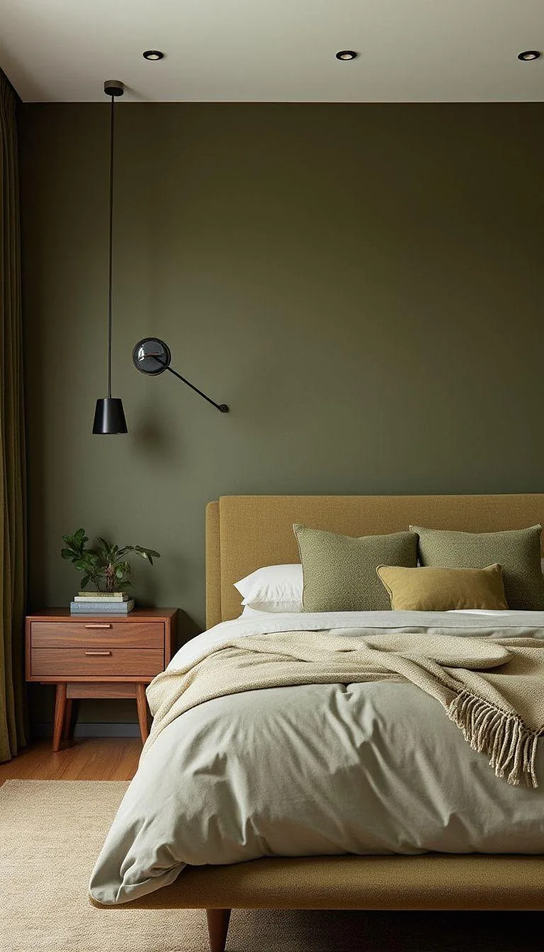 23 Stunning Olive Green Bedroom Ideas You'll Absolutely Love 196 22. Mid-Century Modern Olive Green Bedroom with Walnut Furniture-0