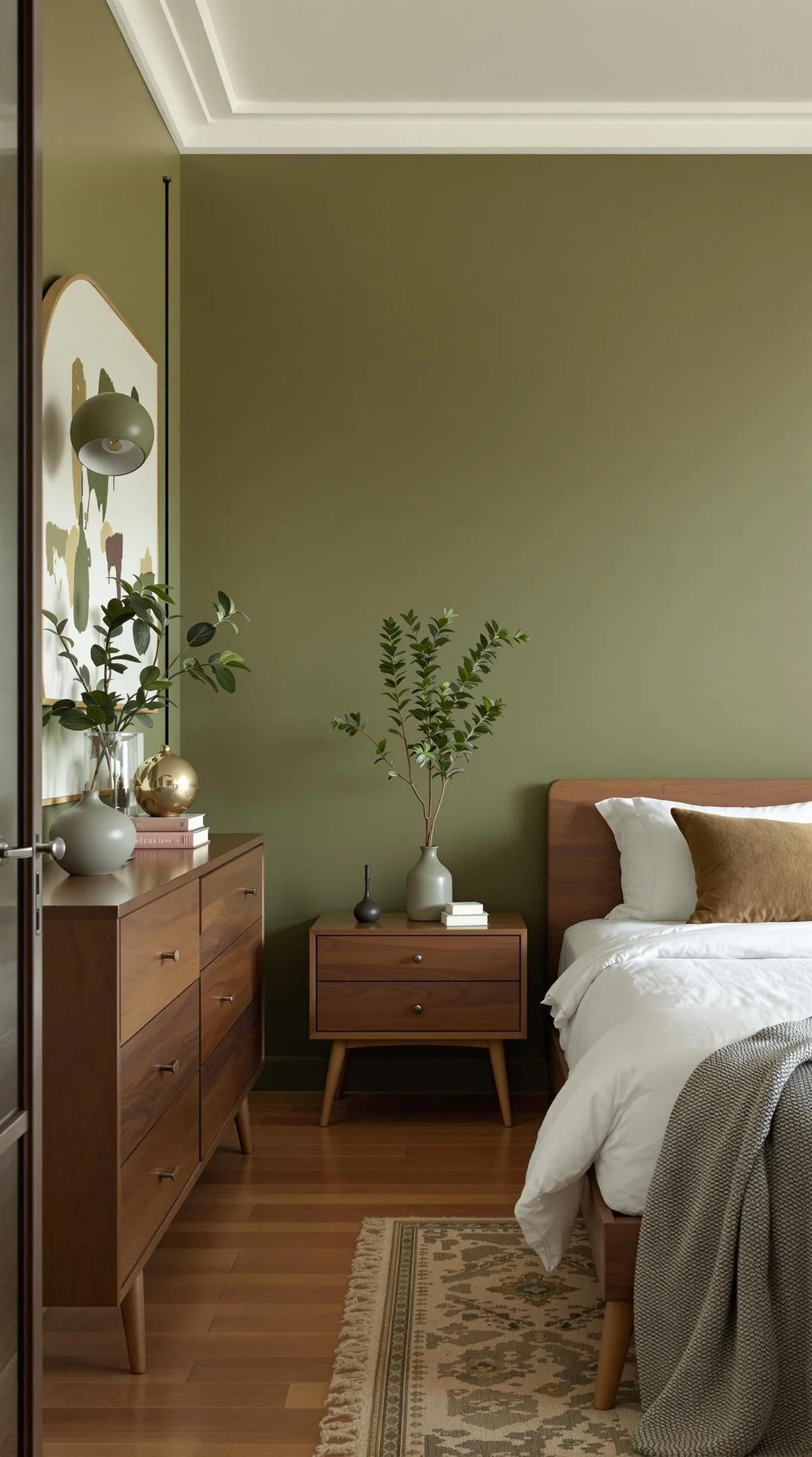 23 Stunning Olive Green Bedroom Ideas You'll Absolutely Love 198 22. Mid-Century Modern Olive Green Bedroom with Walnut Furniture-2