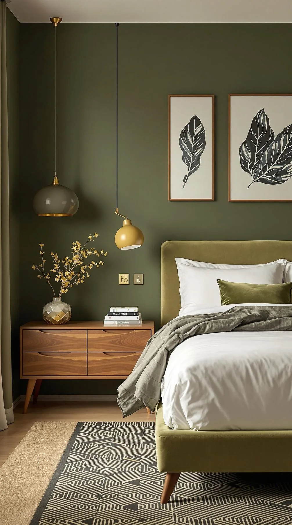 23 Stunning Olive Green Bedroom Ideas You'll Absolutely Love 203 22. Mid-Century Modern Olive Green Bedroom with Walnut Furniture-3