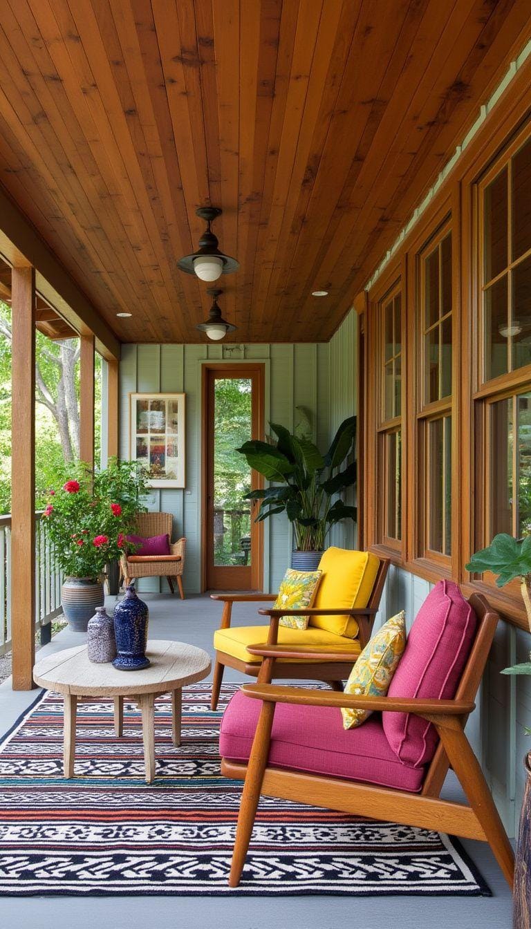 17. Mid-century modern: Incorporate teak furniture with brightly colored cushions and geometric patterns-0