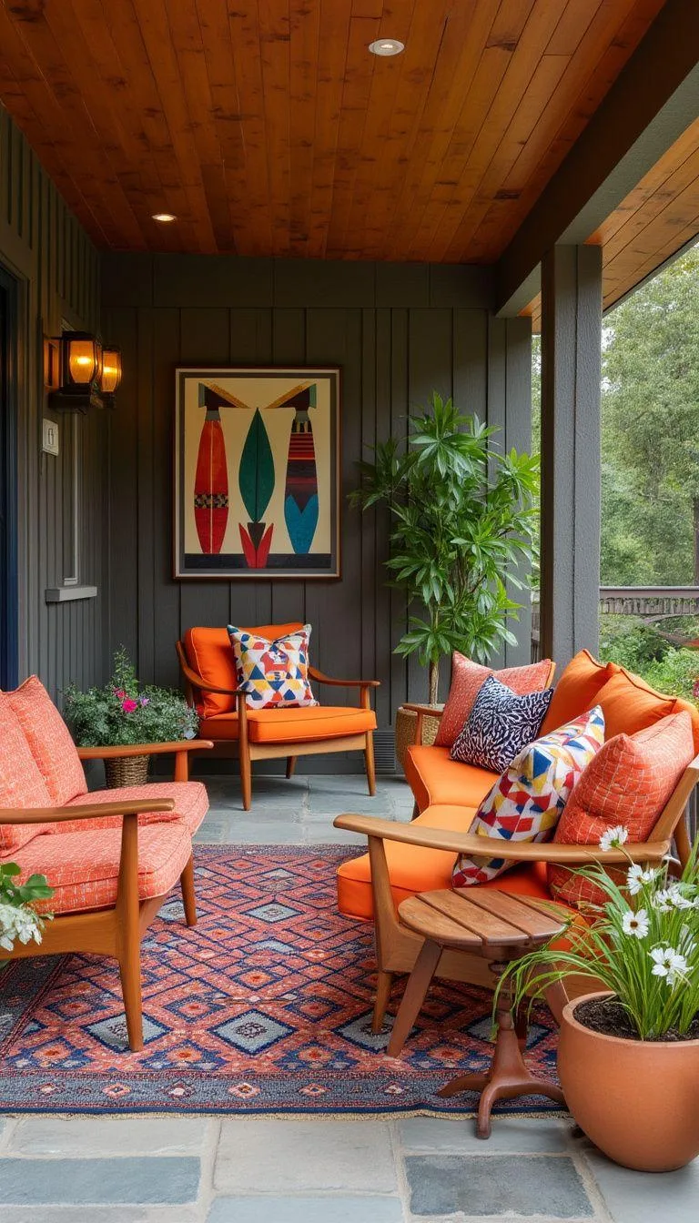 17. Mid-century modern: Incorporate teak furniture with brightly colored cushions and geometric patterns-1