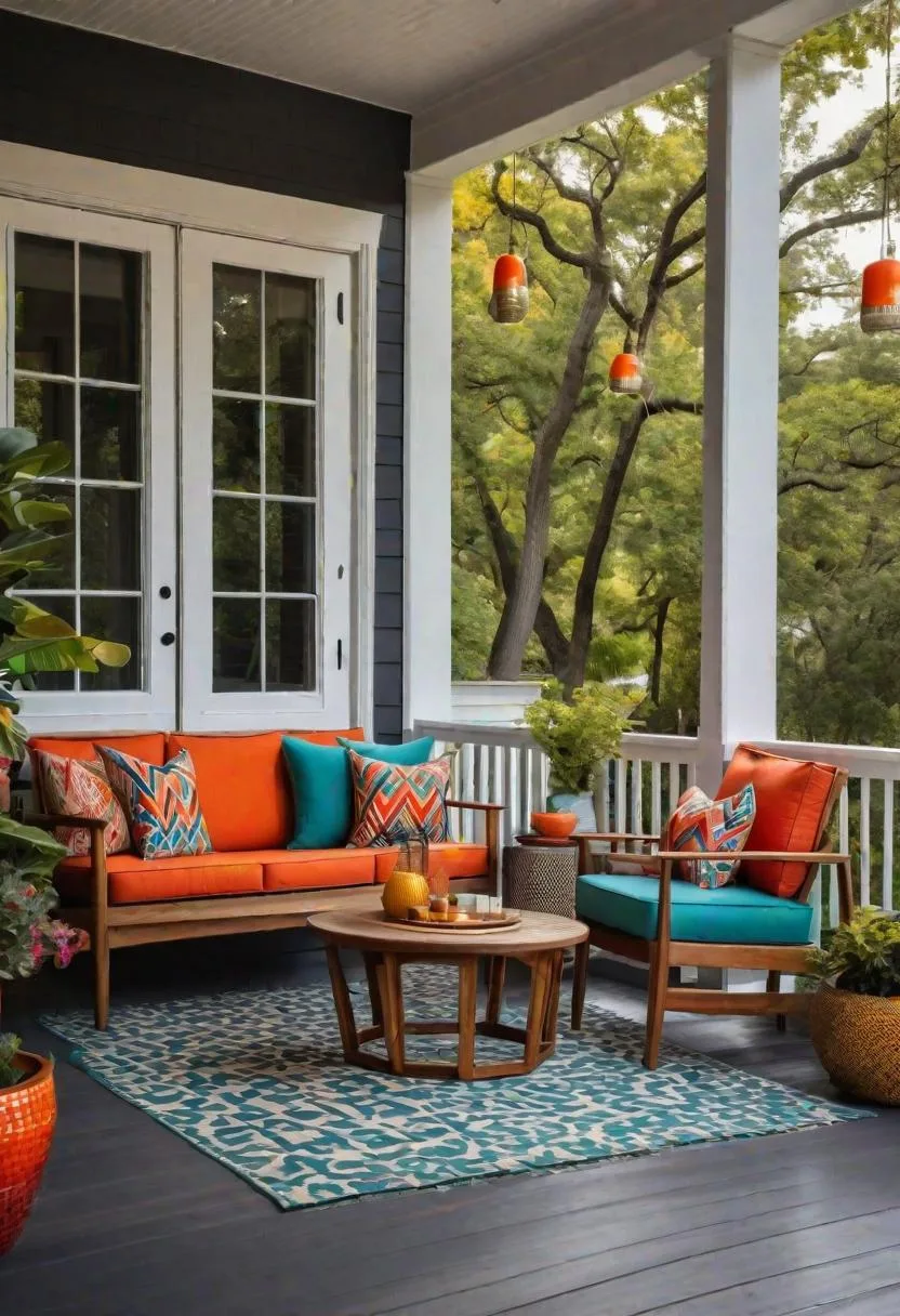 17. Mid-century modern: Incorporate teak furniture with brightly colored cushions and geometric patterns-2