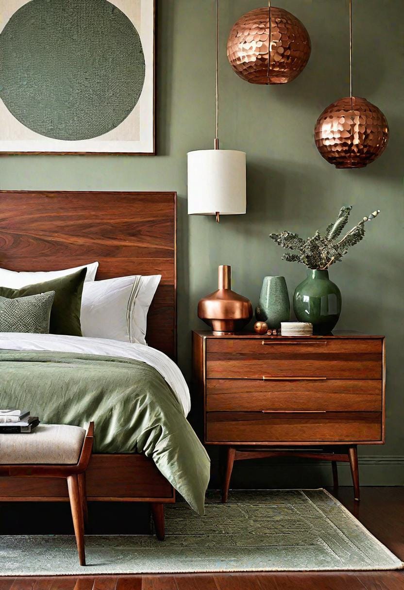 4. Mid-century modern bedroom with sage green textiles and walnut furnishings-1