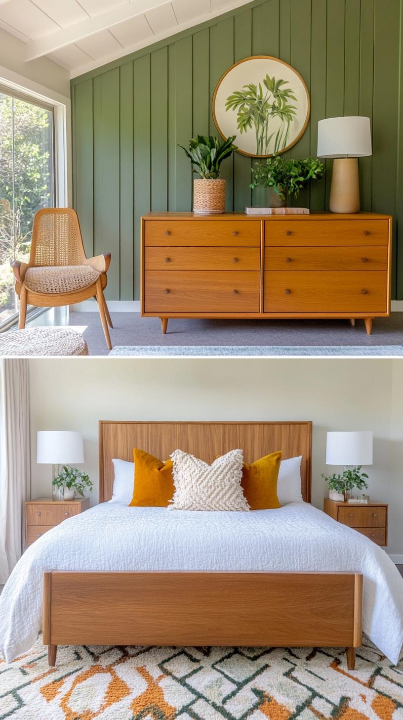 4. Mid-century modern bedroom with sage green textiles and walnut furnishings-2