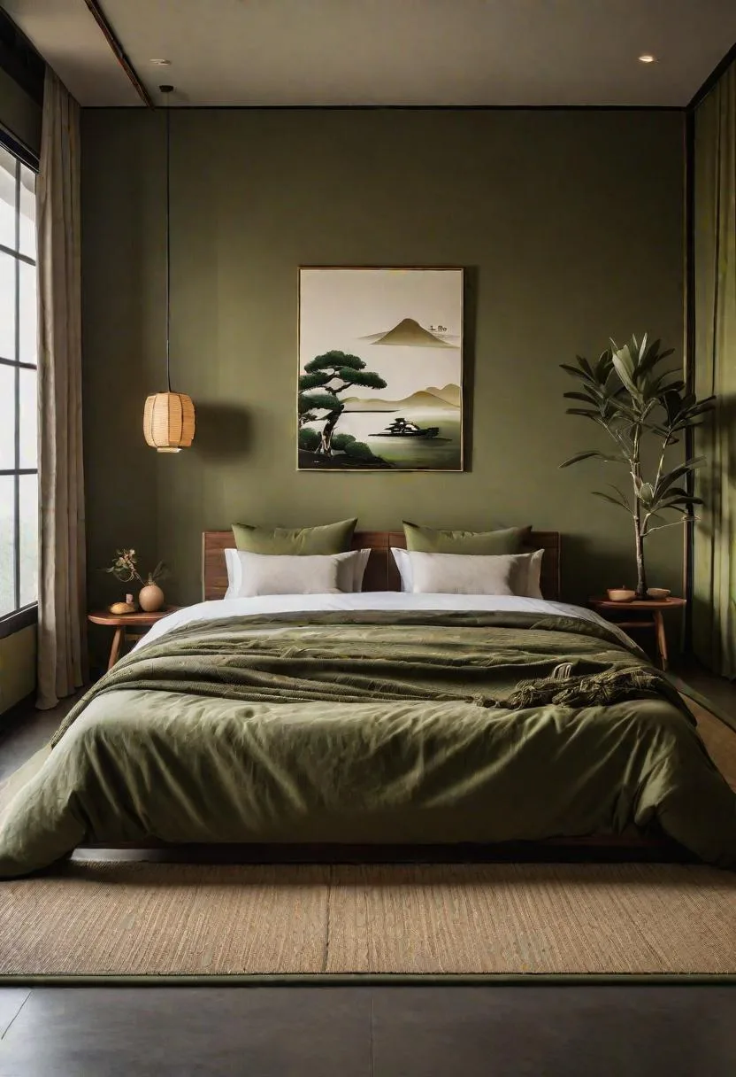 23 Stunning Olive Green Bedroom Ideas You'll Absolutely Love 141 16. Minimalist Japanese-Inspired Olive Green Bedroom with Tatami Mats-0