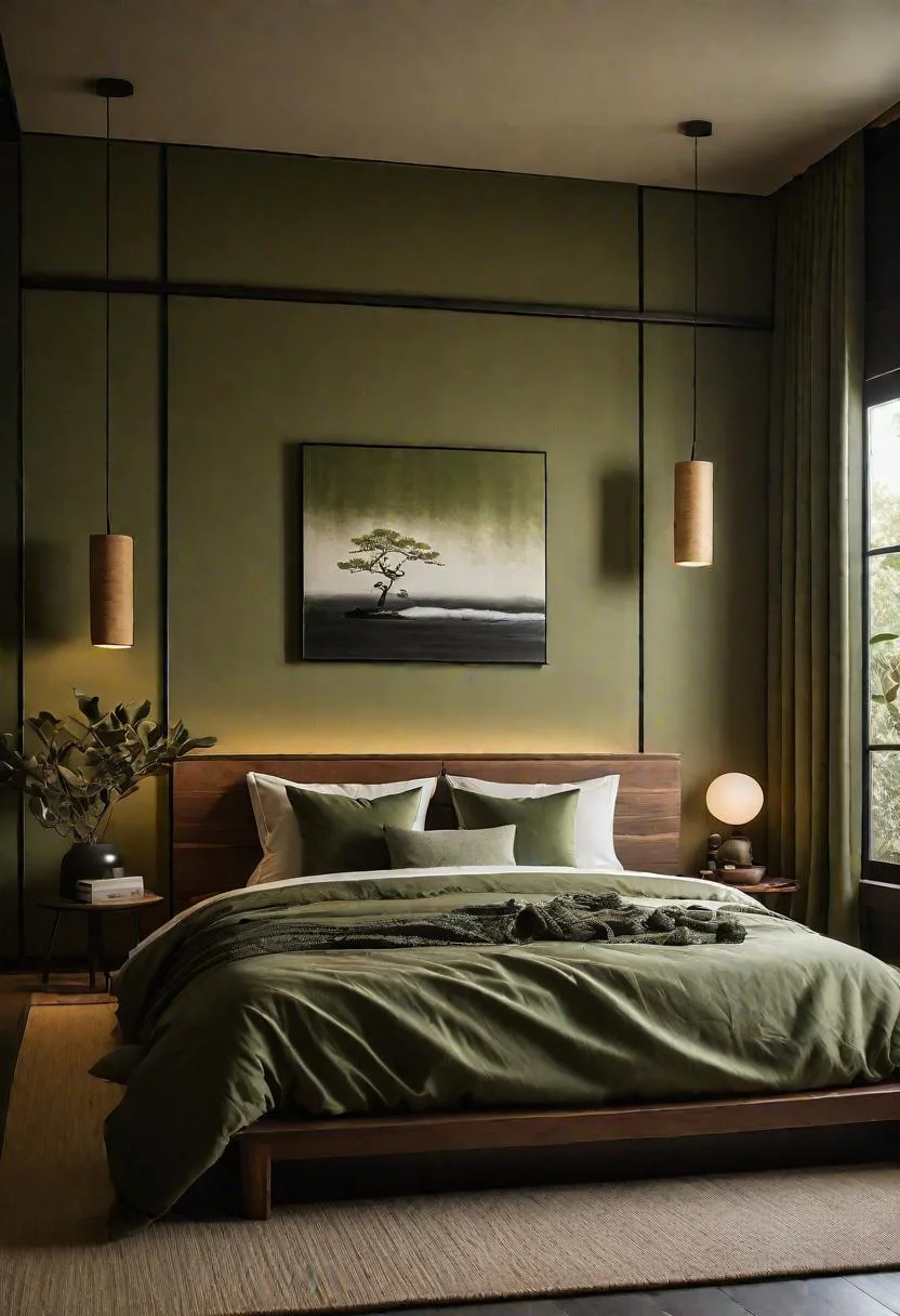 23 Stunning Olive Green Bedroom Ideas You'll Absolutely Love 143 16. Minimalist Japanese-Inspired Olive Green Bedroom with Tatami Mats-2