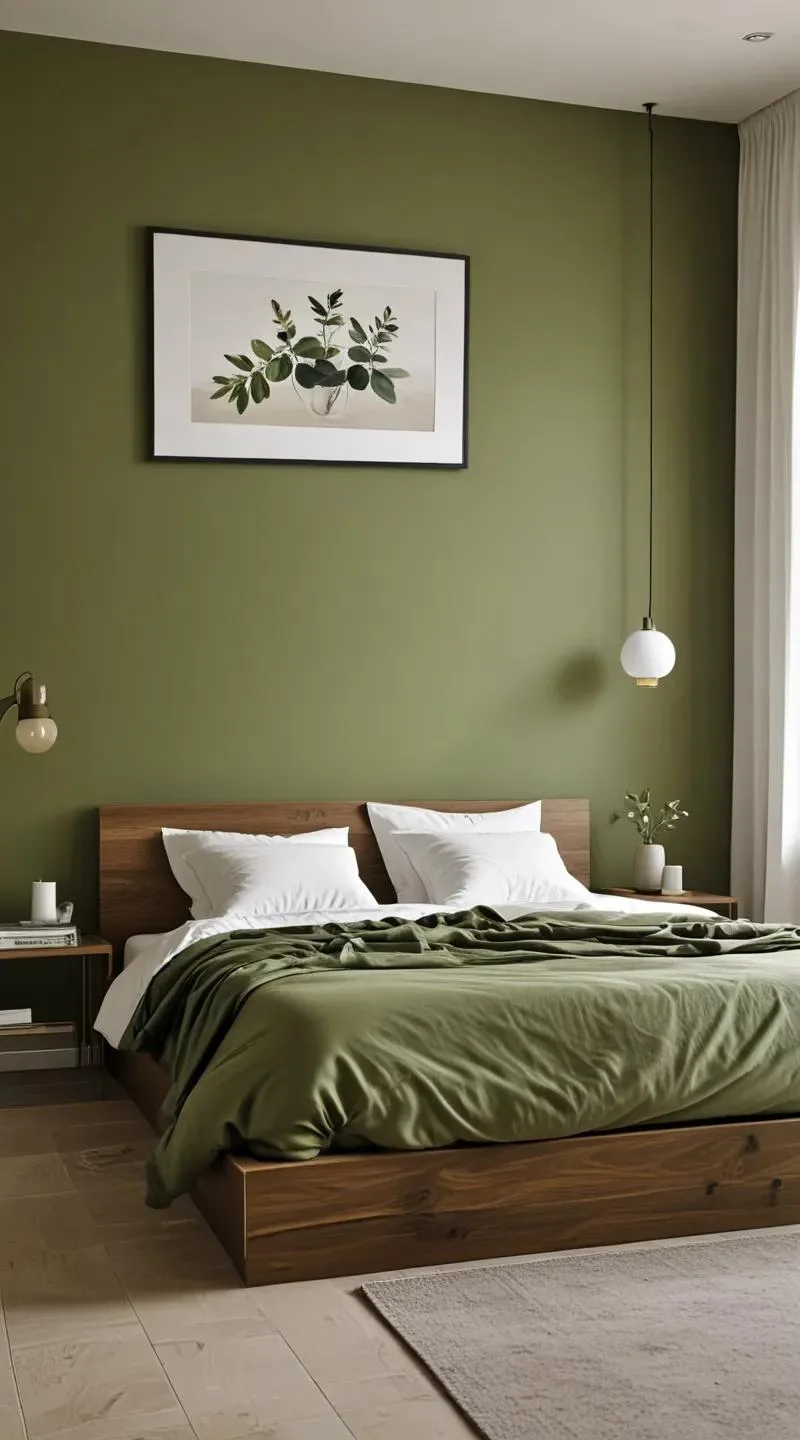 23 Stunning Olive Green Bedroom Ideas You'll Absolutely Love 9 2. Minimalist Olive Green and White Bedroom Oasis-0