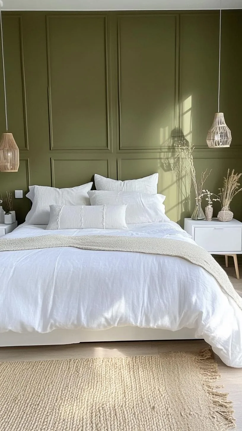 23 Stunning Olive Green Bedroom Ideas You'll Absolutely Love 10 2. Minimalist Olive Green and White Bedroom Oasis-1