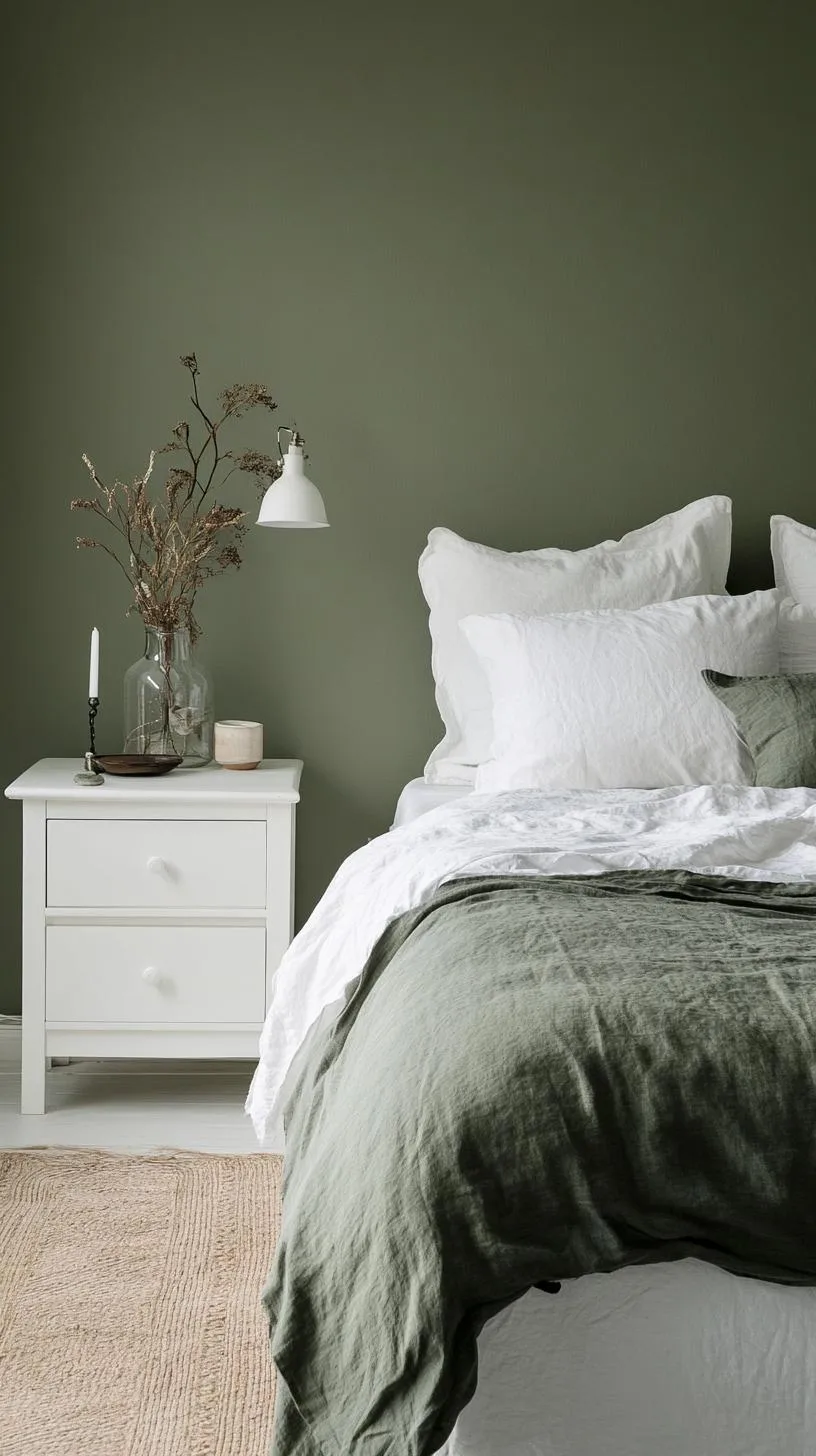 23 Stunning Olive Green Bedroom Ideas You'll Absolutely Love 11 2. Minimalist Olive Green and White Bedroom Oasis-2