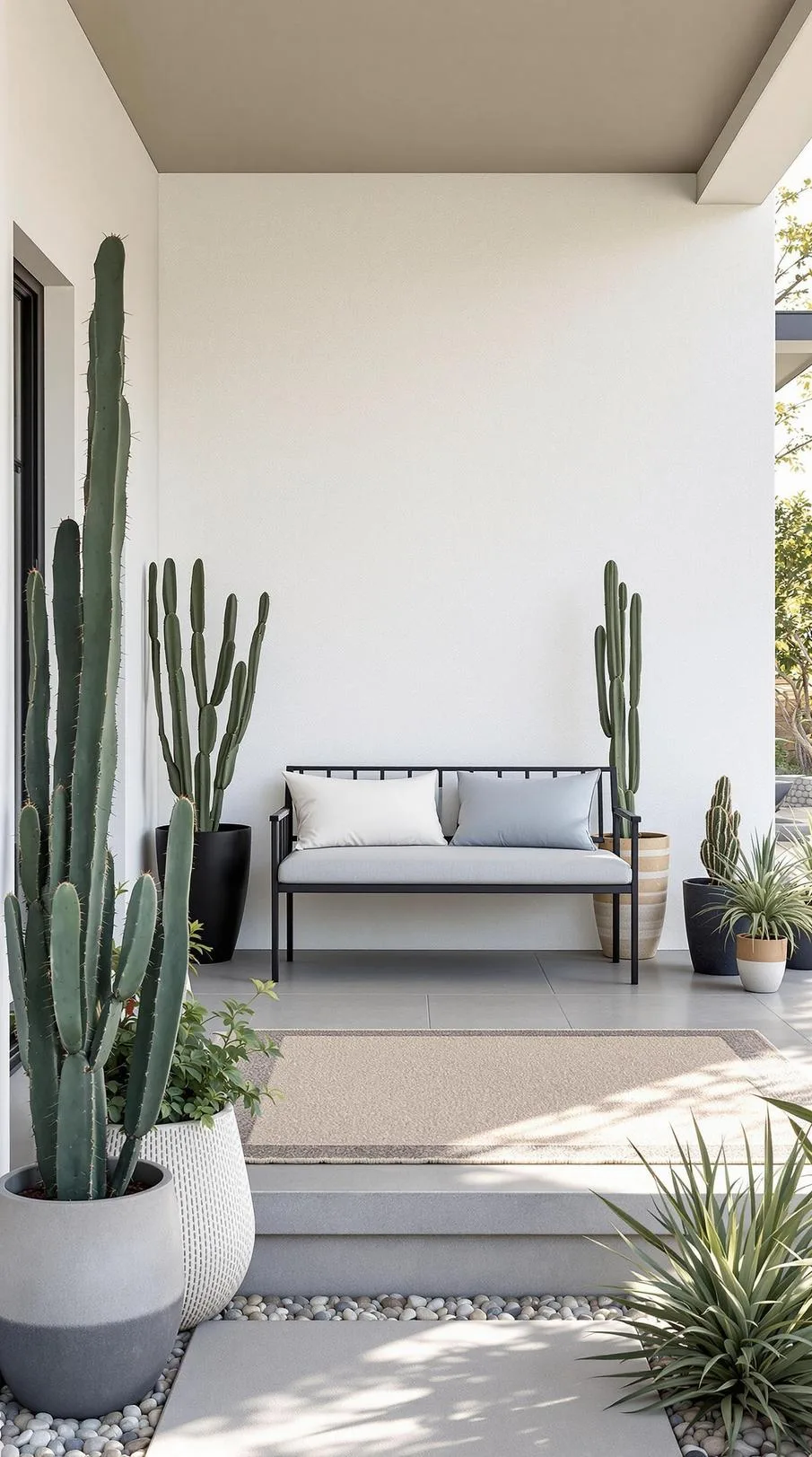 7. Minimalist oasis: Choose simple lines with neutral tones, placing a singular stylish bench amid potted cacti-1