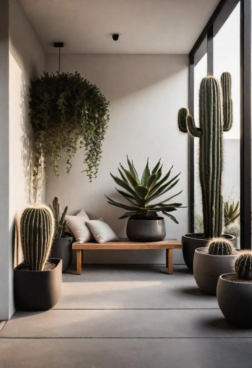 7. Minimalist oasis: Choose simple lines with neutral tones, placing a singular stylish bench amid potted cacti-2