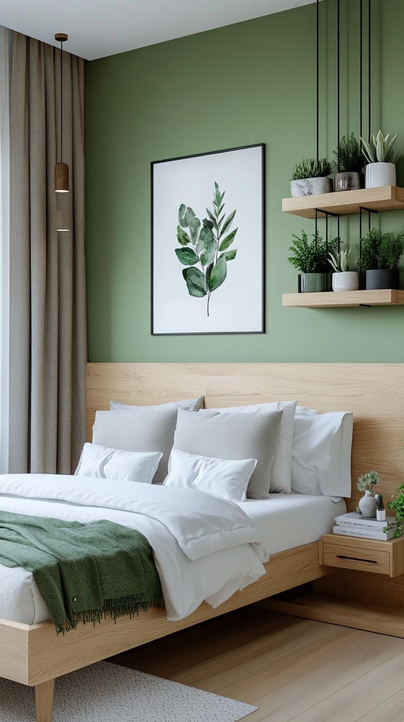 1. Minimalist sage green sanctuary with matte finishes and natural wood accents-0