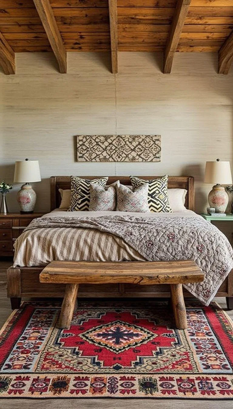 1. Mix Southwestern patterns with neutral tones—use a Navajo rug as the focal point on rustic wooden flooring-0
