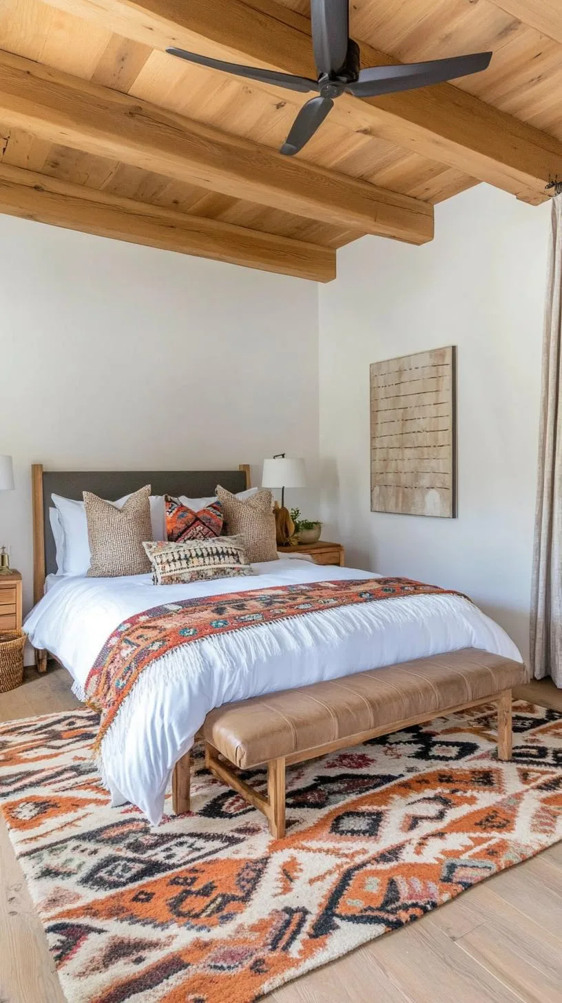 1. Mix Southwestern patterns with neutral tones—use a Navajo rug as the focal point on rustic wooden flooring-2