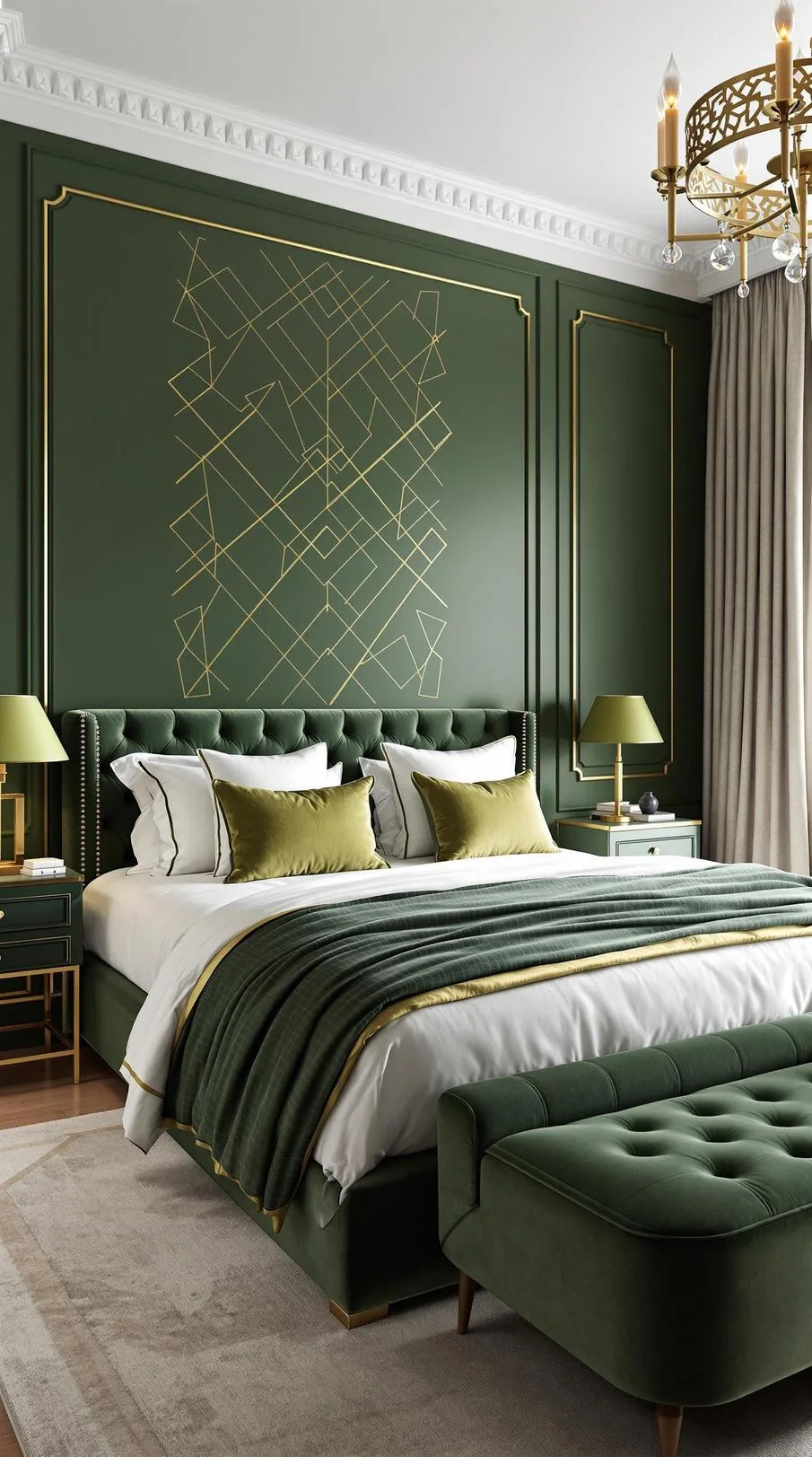 23 Stunning Olive Green Bedroom Ideas You'll Absolutely Love 41 5. Modern Olive Green Bedroom with Gold Geometric Patterns-0