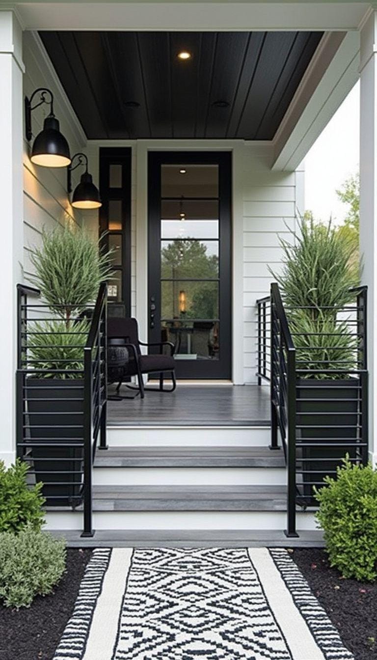 3. Modern luxe: Opt for sleek metal railings with glass panels, adding monochrome planters and a geometric outdoor rug-0