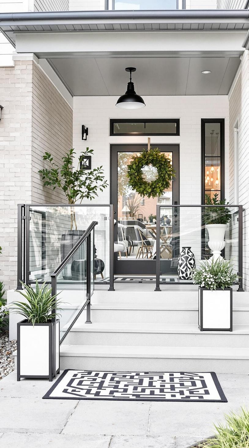 3. Modern luxe: Opt for sleek metal railings with glass panels, adding monochrome planters and a geometric outdoor rug-1