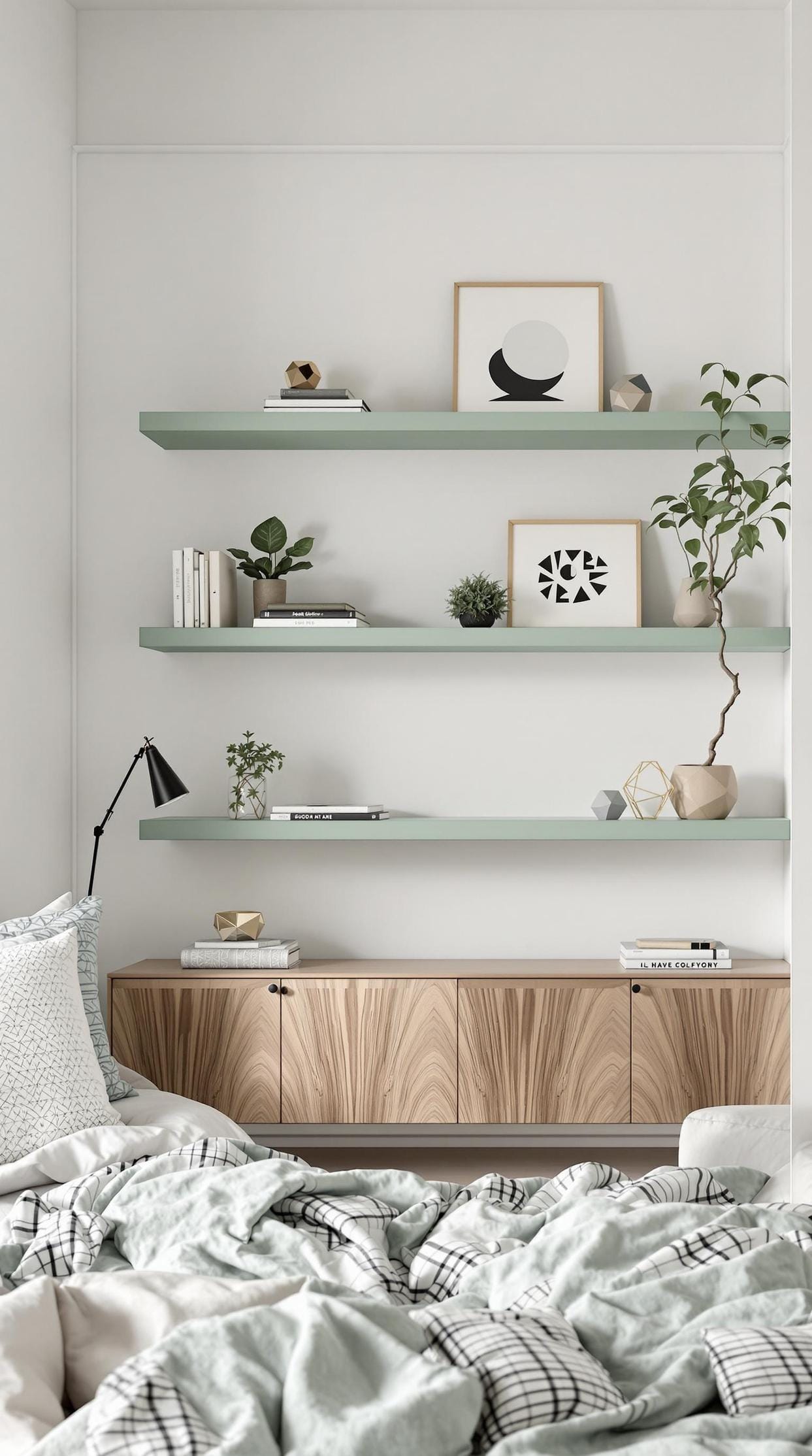 17. Modern minimalist space with floating sage green shelves for curated displays-1