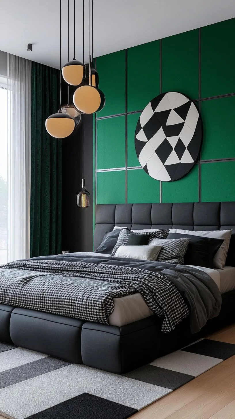 3. Monochrome Magic: Use a checkerboard pattern with alternating black and deep green wallpapers for a bold impact-1
