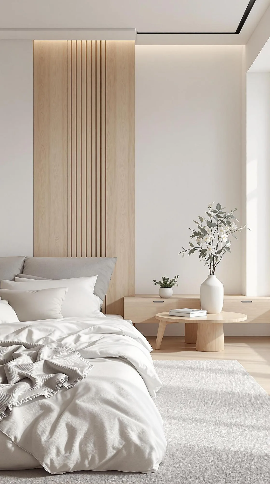 20 New Minimalist Bedroom Ideas to Inspire Your 2025 Refresh 3 1. Monochrome Zen: Use shades of white and light gray with natural wooden elements for a serene ambiance-1