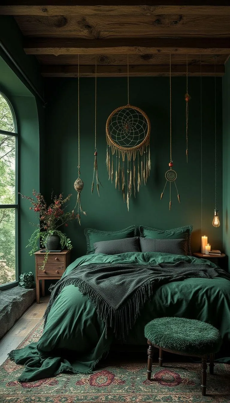 4. Moody, dark green walls complemented by rustic wooden ceiling beams and ethereal dream catchers-0