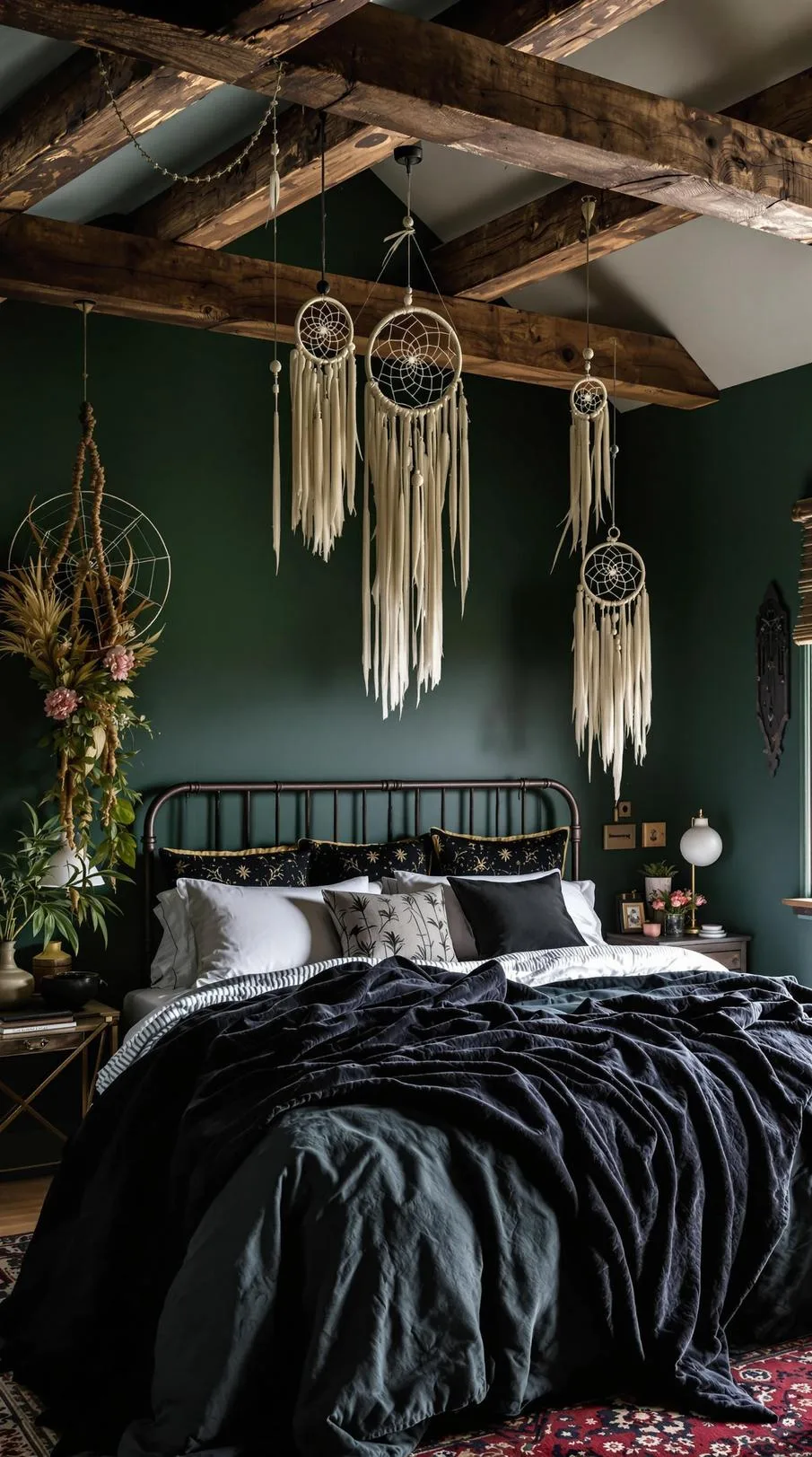 4. Moody, dark green walls complemented by rustic wooden ceiling beams and ethereal dream catchers-1