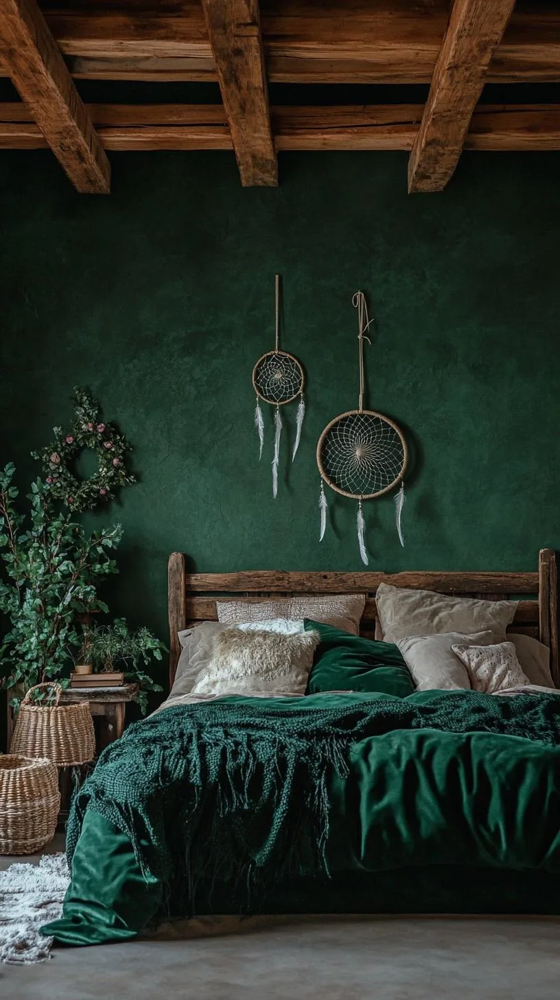 4. Moody, dark green walls complemented by rustic wooden ceiling beams and ethereal dream catchers-2