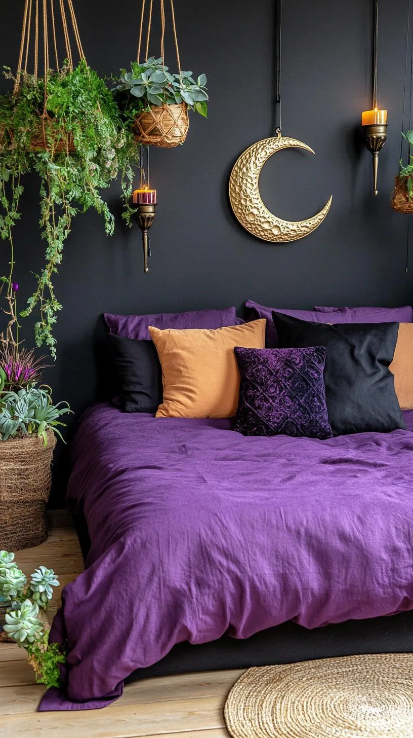 6. Moon-shaped wall decor with hanging succulents, cascading vines, and metallic candle sconces-0