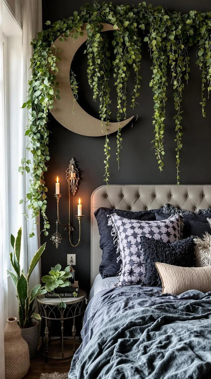 6. Moon-shaped wall decor with hanging succulents, cascading vines, and metallic candle sconces-1