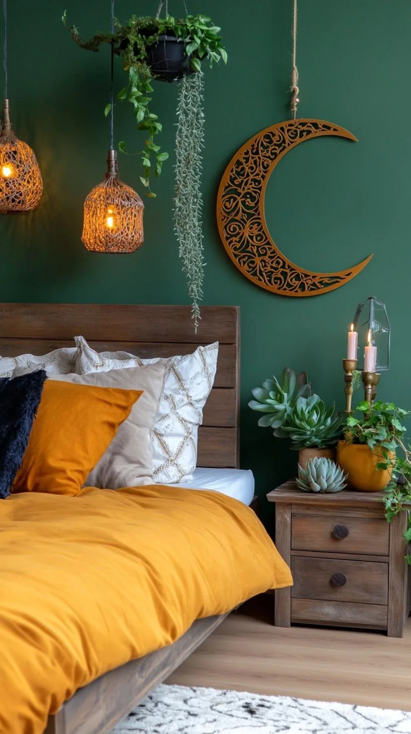 6. Moon-shaped wall decor with hanging succulents, cascading vines, and metallic candle sconces-2