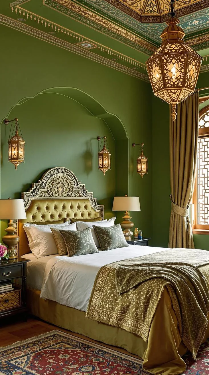 23 Stunning Olive Green Bedroom Ideas You'll Absolutely Love 206 23. Moroccan-Inspired Olive Green Bedroom with Lanterns and Beaded Details-0