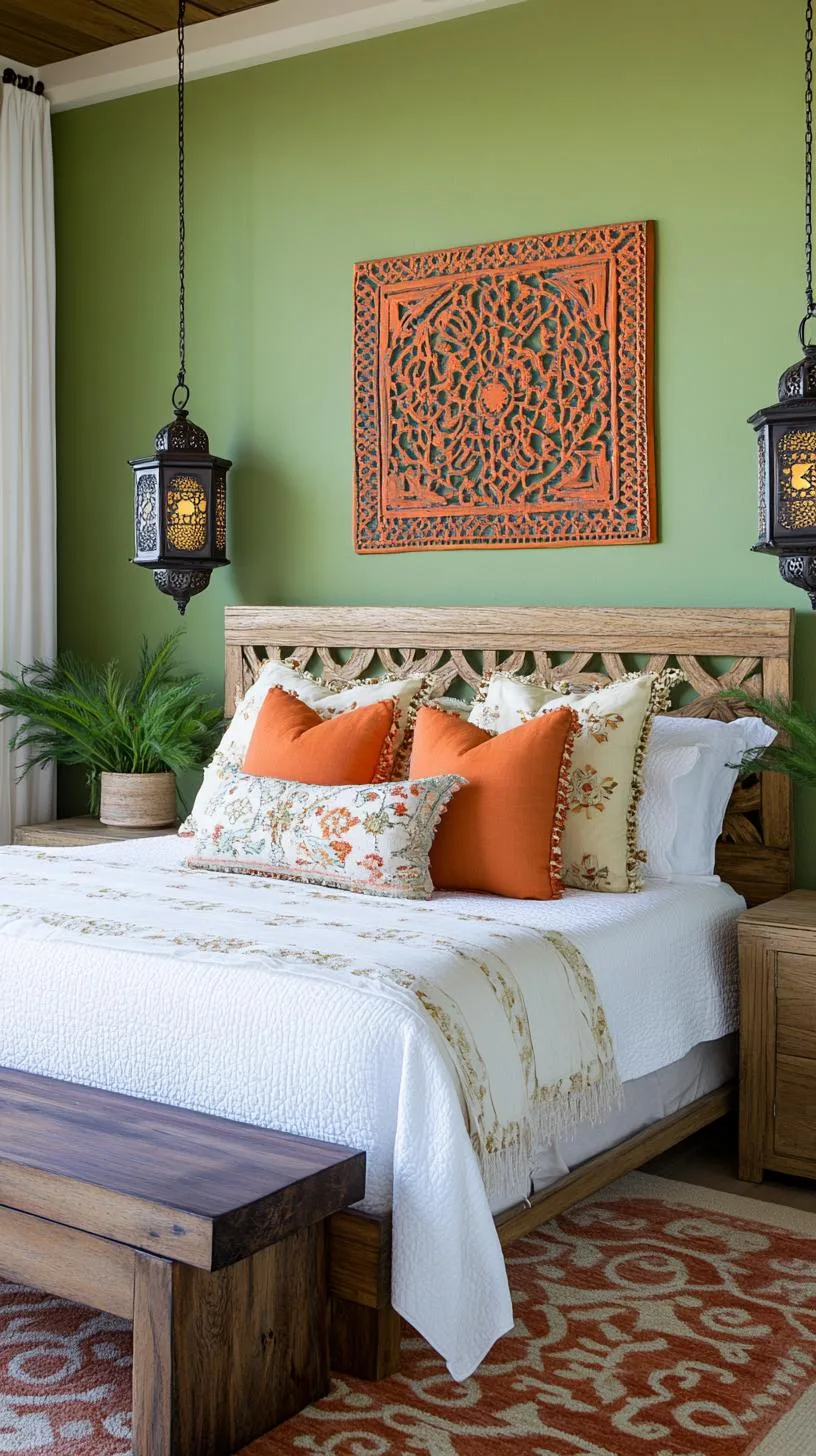 23 Stunning Olive Green Bedroom Ideas You'll Absolutely Love 208 23. Moroccan-Inspired Olive Green Bedroom with Lanterns and Beaded Details-2