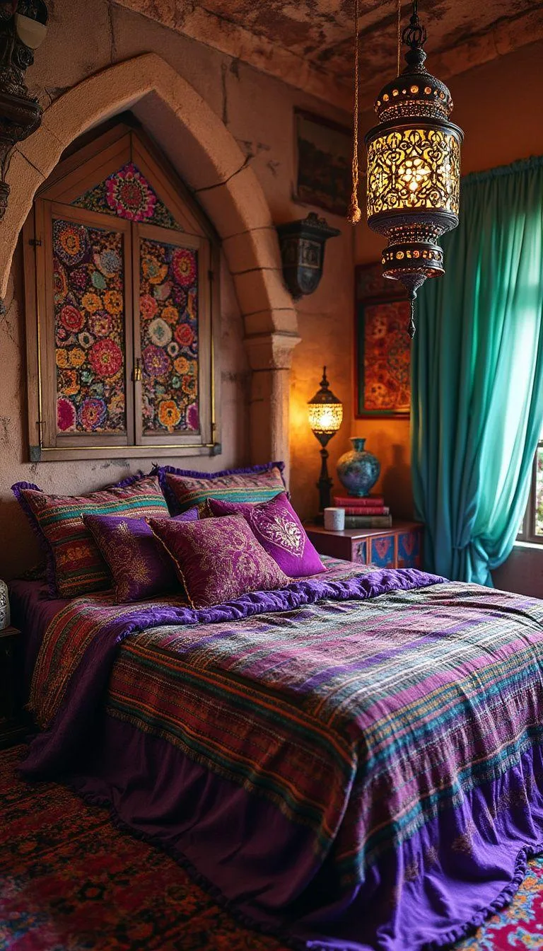 21 Colorful Boho Bedroom Ideas for a Whimsical Hippie Vibe 11 4. Moroccan Magic Cave: Mix jewel tones of purple, emerald, and gold with intricate lantern lighting-0