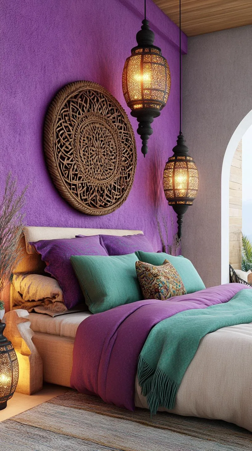 21 Colorful Boho Bedroom Ideas for a Whimsical Hippie Vibe 12 4. Moroccan Magic Cave: Mix jewel tones of purple, emerald, and gold with intricate lantern lighting-1