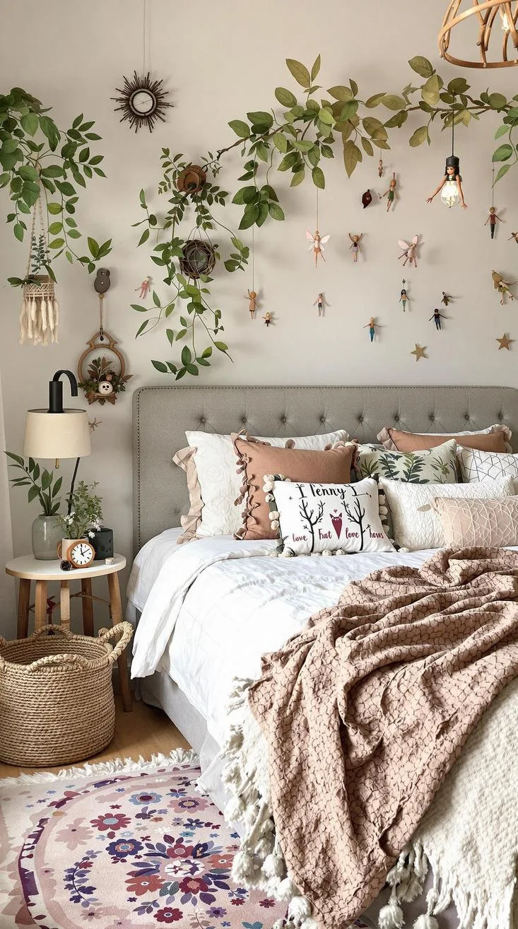21 Colorful Boho Bedroom Ideas for a Whimsical Hippie Vibe 42 15. Mystical Woodland Vibes: Envelop your room in fern greens and toasty browns with fairy accessories-0