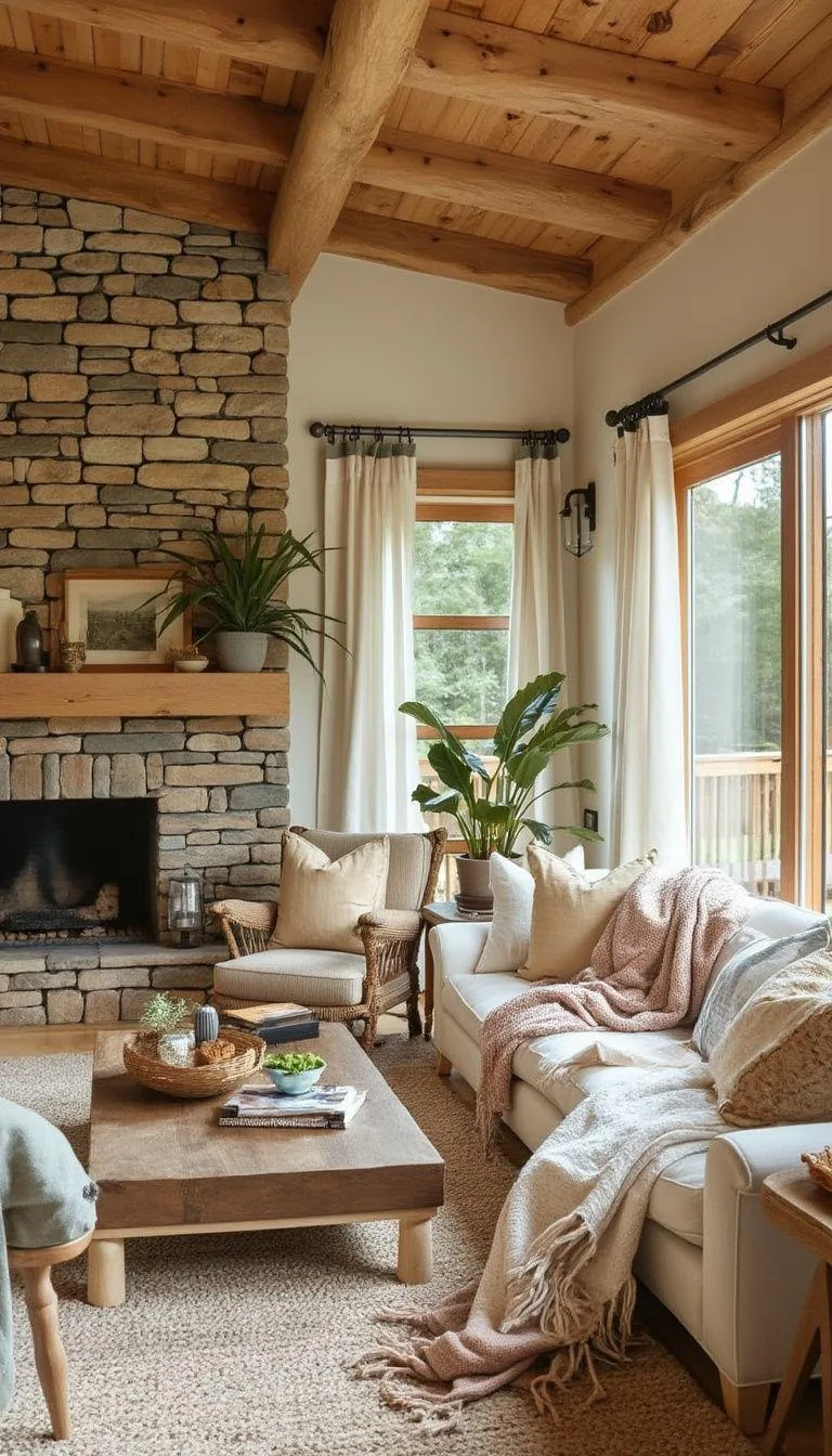 23 Unique Boho Farmhouse Living Room Ideas To Copy 68 22. Natural Nurture: Spark organic elements using wood-paneled floors, stone exteriors, and sandy-colored fabrics to enhance a space of serenity-0