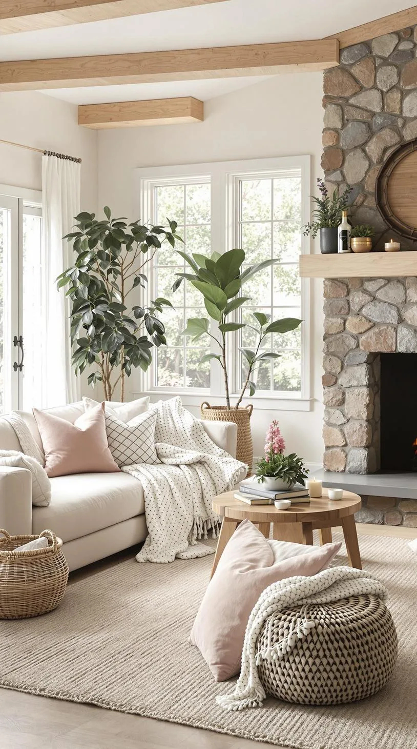 23 Unique Boho Farmhouse Living Room Ideas To Copy 69 22. Natural Nurture: Spark organic elements using wood-paneled floors, stone exteriors, and sandy-colored fabrics to enhance a space of serenity-1
