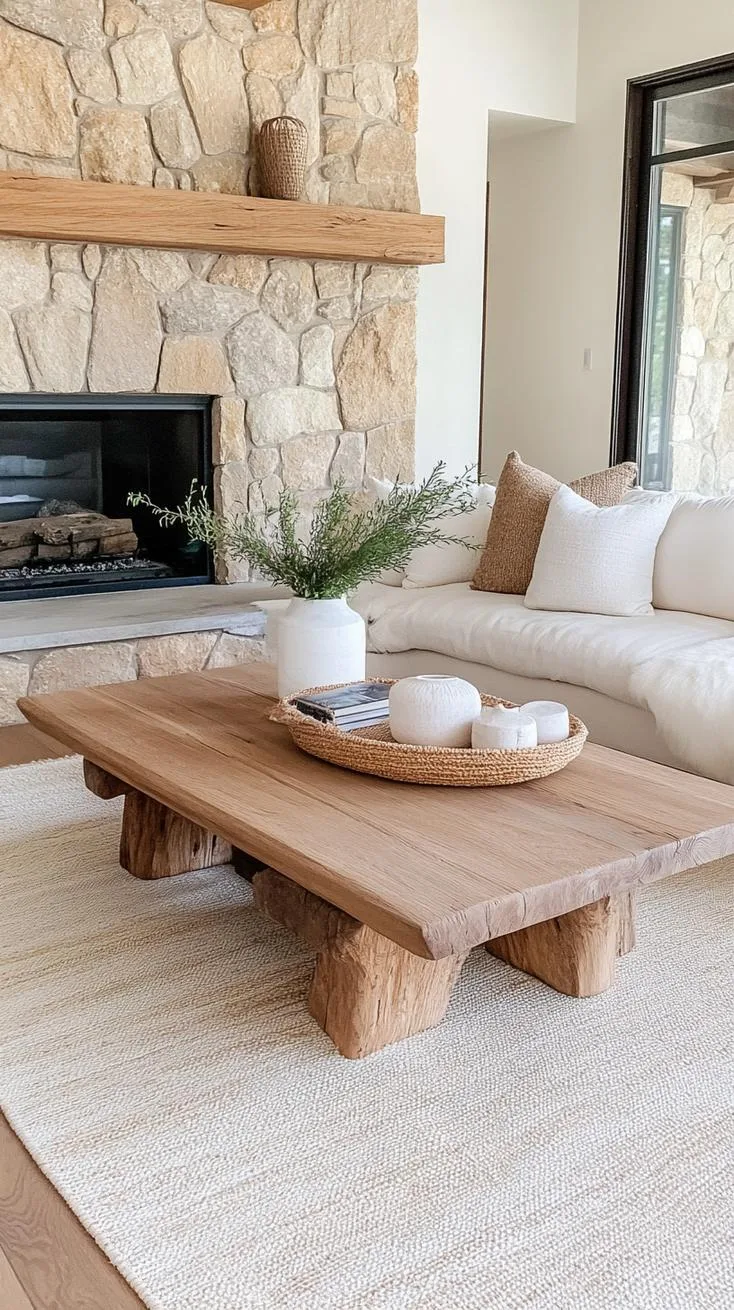 23 Unique Boho Farmhouse Living Room Ideas To Copy 70 22. Natural Nurture: Spark organic elements using wood-paneled floors, stone exteriors, and sandy-colored fabrics to enhance a space of serenity-2