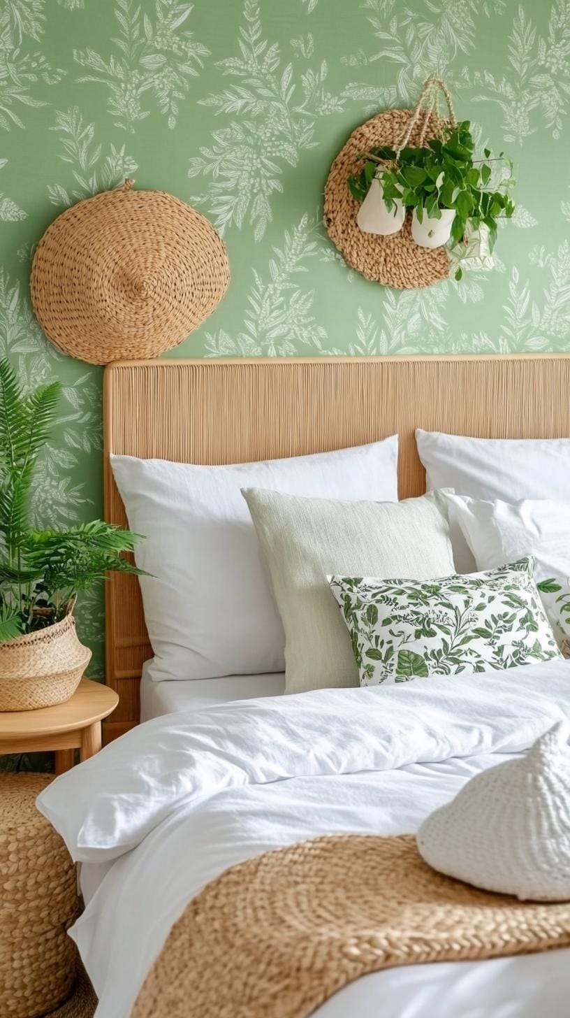 22. Nature-infused space featuring sage green wallpaper with botanical motifs-3