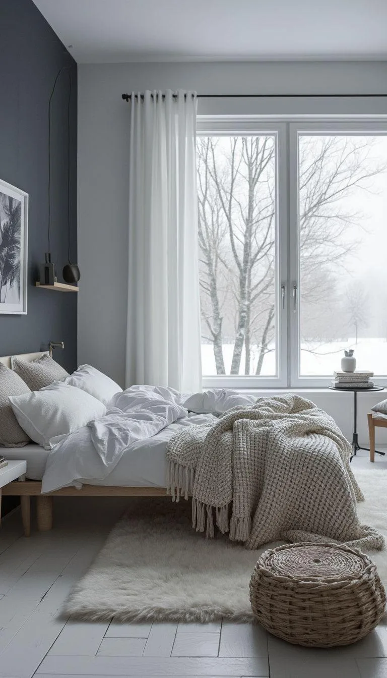 20 New Minimalist Bedroom Ideas to Inspire Your 2025 Refresh 32 6. Nordic Winter Warmth: Use cool whites with deep navy or charcoal to create cozy starkness-0