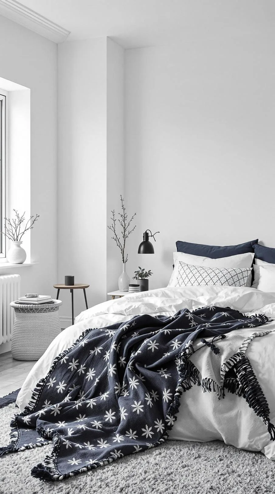 20 New Minimalist Bedroom Ideas to Inspire Your 2025 Refresh 36 6. Nordic Winter Warmth: Use cool whites with deep navy or charcoal to create cozy starkness-2